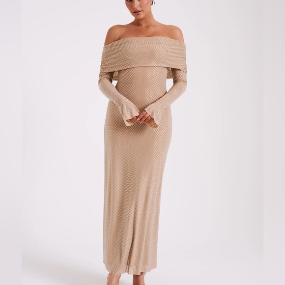 Meshki Marcel Off Shoulder Diamante Maxi Dress- Nude jeweled embellished diamond - Picture 4 of 14